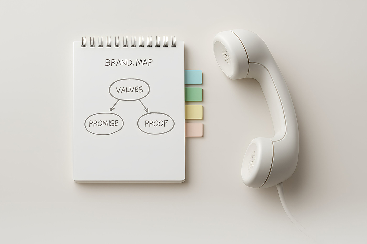 brand building by telephone – desk handset next to sketched brand map and notes