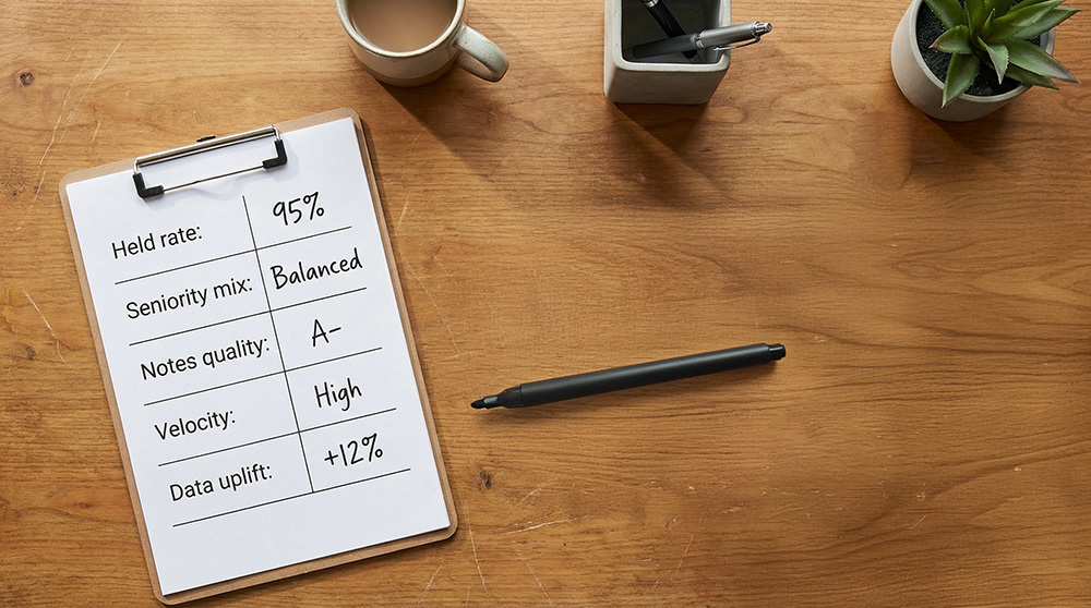 telemarketing targets – desk scorecard showing held rate, seniority mix, notes quality, velocity and data uplift