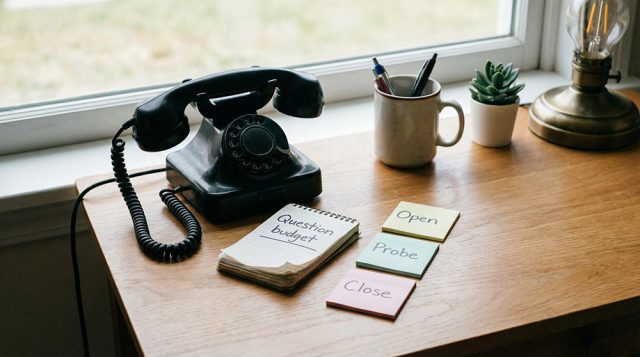 telemarketing questioning techniques – handset beside notepad marked question budget with open, probe, close