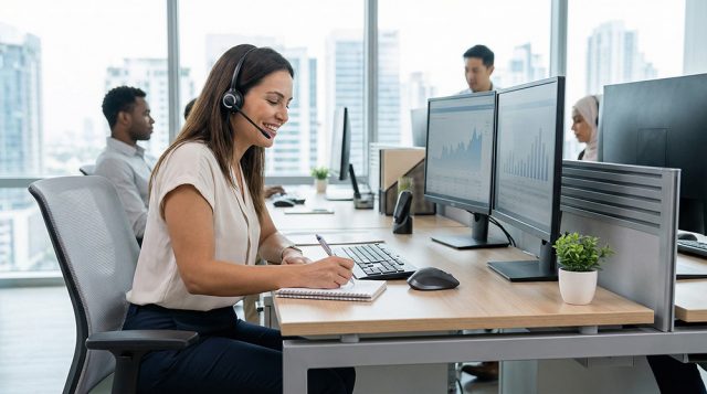 inbound and outbound telemarketing - telemarketer sitting at desk taking notes