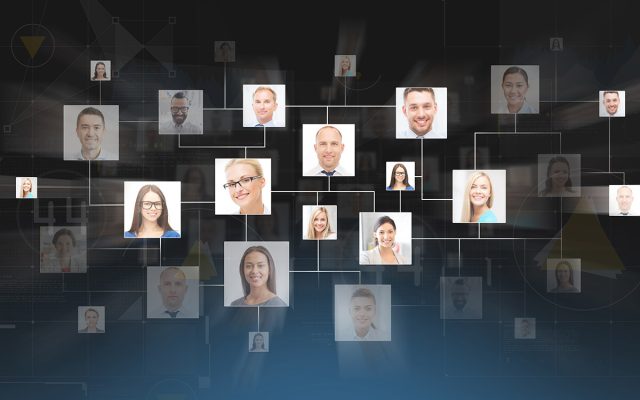 Intelligent databases for B2B telemarketing – connected portraits representing business contacts and data segmentation network